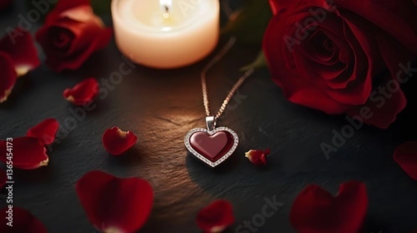 Obraz A heart-shaped pendant necklace with a red gemstone center and diamond halo surrounded by red rose petals and a lit candle