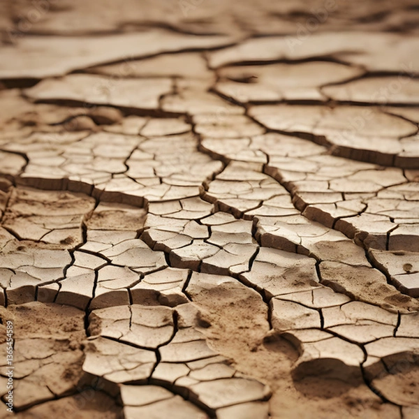 Fototapeta Cracked Earth: A close-up shot of arid terrain showcases intricate patterns of cracks in the parched earth, highlighting drought conditions
