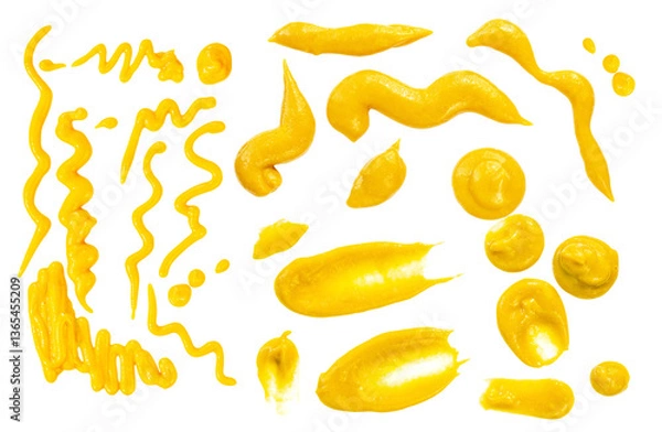 Obraz Set of Yellow mustard sauce isolated on white. Fresh levitating  Mustard spread curly  stains Collection  Top view. Flat lay. Package design element. Pattern.