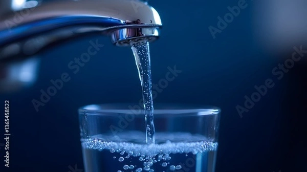 Obraz Water flows from a chrome faucet into a clear glass creating small bubbles as it fills