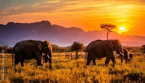 Fototapeta elephants at sunset
