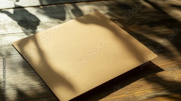 Fototapeta A blank kraft paper card bathed in warm sunlight and dappled leaf shadows, ready for a heartfelt message or artistic expression.