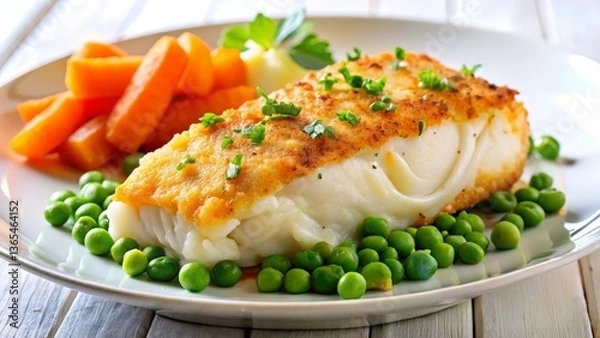 Obraz Perfectly cooked cod fillet with crispy crust, mashed potatoes, and steamed carrots and peas, wholesome meal concept