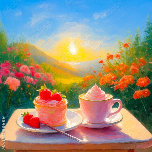 Fototapeta A strawberry cake and strawberry latte on a table in a blooming flower garden.