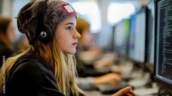 Fototapeta Focused young female coder immersed in programming at a hackathon session