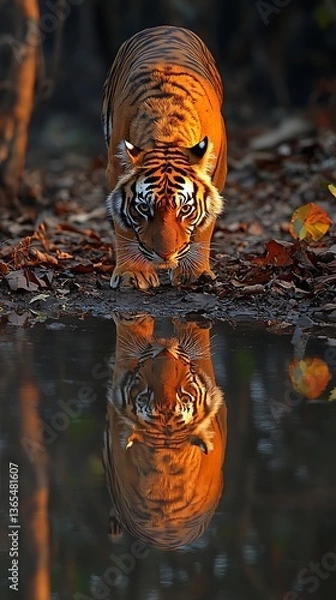 Obraz Bengal tiger drinking with forest reflection.