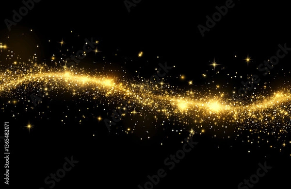 Fototapeta A golden stream of glittering particles flowing across a dark background with scattered star shapes