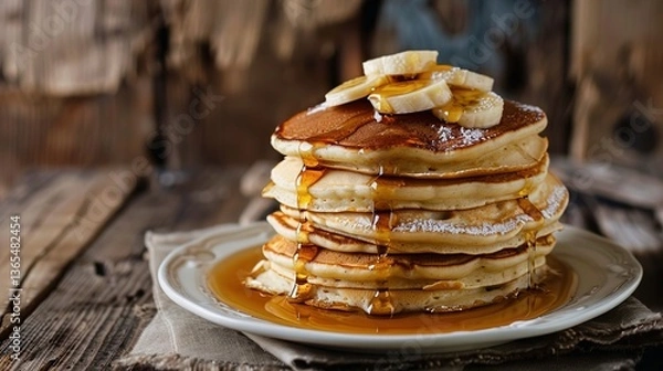 Obraz Classic American Syrup Pancakes: Fluffy Stack Drizzled with Golden Maple Syrup and Melting Butter