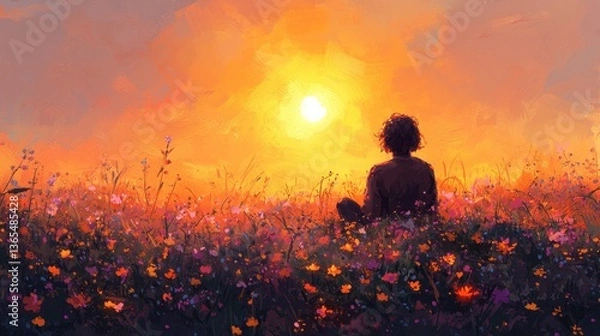 Fototapeta A person sitting in a field of wildflowers gazing towards a bright sunrise with a serene expression and a sense of peaceful optimism for the future