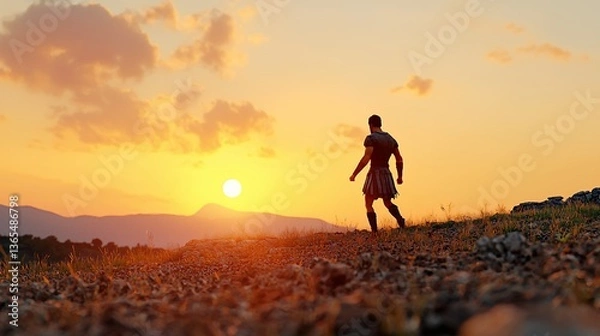 Fototapeta Silhouette of Man Walking Towards Sunset Over Mountains