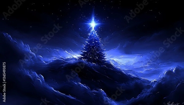 Obraz Blue Christmas Tree with Starry Night.