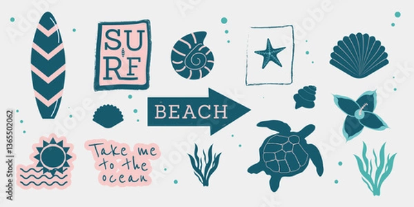 Fototapeta Summer sea sticker set in blue color. Pack label surf board, turtle, seashell and any for web design and any products. Vector illustration