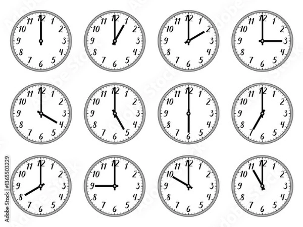 Fototapeta Illustration of a round analog clock with handwritten numbers. 1, 2, 3, 4, 5, 6, 7, 8, 9, 10, 11, 12, 13, 14, 15, 16, 17, 18, 19, 20, 21, 22, 23, 24 o'clock. gray bezel on transparent background.