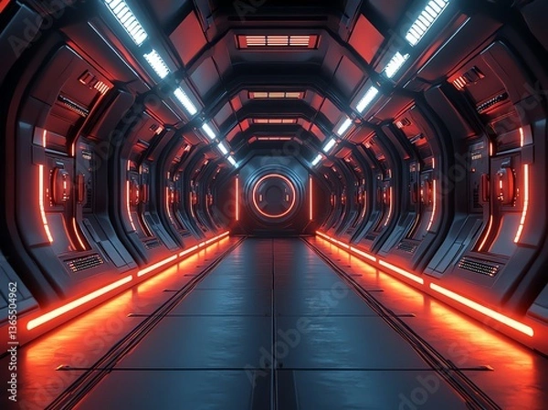 Fototapeta Exploring Futuristic Interior Spaceship Corridor with Neon Lighting and Glossy Floor
