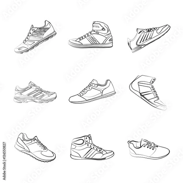 Obraz set of stylish fashionable sneakers for running, vector, illustration,