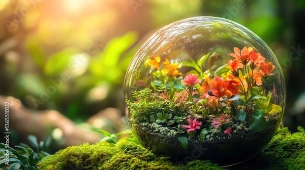 Obraz Vibrant Globe Terrarium with Lush Greenery and Flowers, Celebrating Earth Day and Eco-Friendly Living
