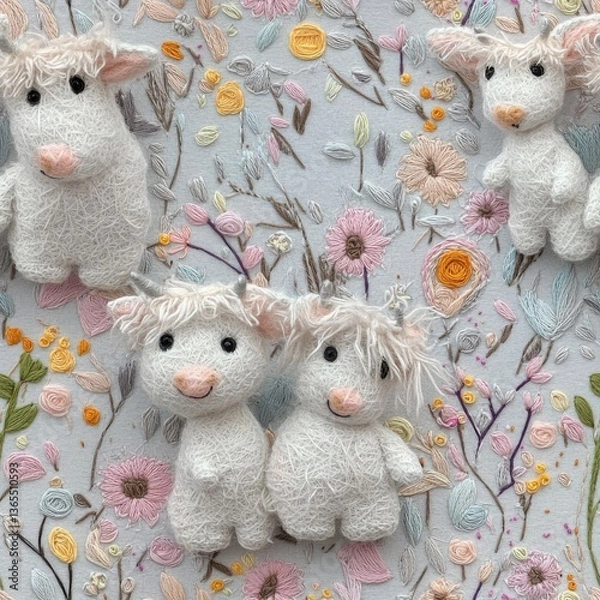 Fototapeta Whimsical Soft White Sheep Plush Toys Surrounded by Colorful Floral Embroidery on Blue Fabric Background