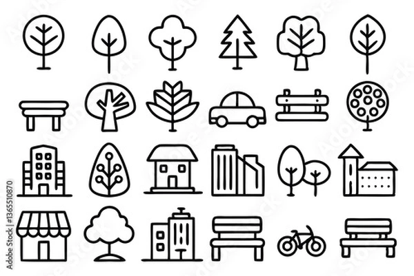 Fototapeta green city editable stroke outline icons set 