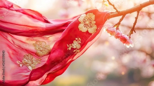 Obraz Red Scarf with Golden Embroidery on Cherry Blossom Branch, Symbolizing Youth and Renewal in Spring

