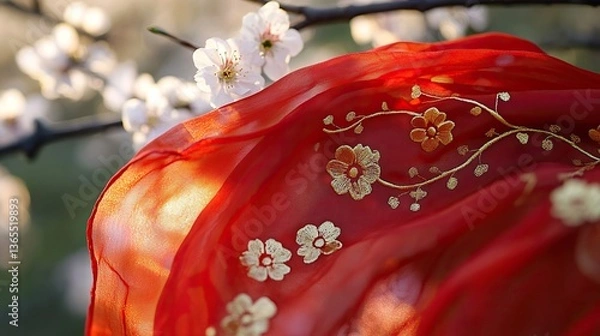 Obraz Red Scarf with Golden Embroidery on Cherry Blossom Branch, Symbolizing Youth and Renewal in Spring
