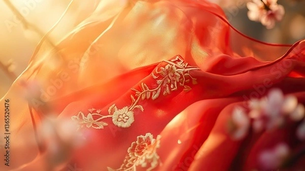 Obraz Red Scarf with Golden Embroidery on Cherry Blossom Branch, Symbolizing Youth and Renewal in Spring
