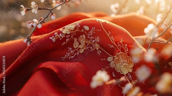 Obraz Red Scarf with Golden Embroidery on Cherry Blossom Branch, Symbolizing Youth and Renewal in Spring
