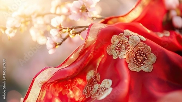 Obraz Red Scarf with Golden Embroidery on Cherry Blossom Branch, Symbolizing Youth and Renewal in Spring
