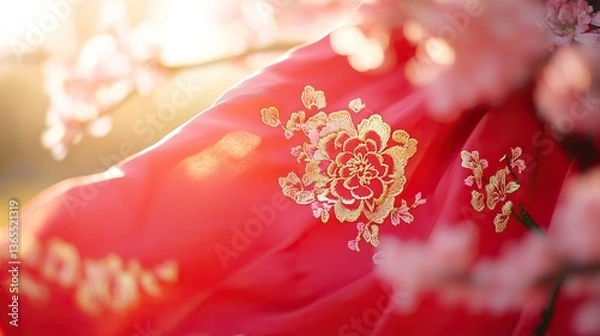 Obraz Red Scarf with Golden Embroidery on Cherry Blossom Branch, Symbolizing Youth and Renewal in Spring
