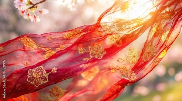 Obraz Red Scarf with Golden Embroidery on Cherry Blossom Branch, Symbolizing Youth and Renewal in Spring
