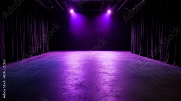 Obraz Empty stage with eerie purple lighting and sparse Halloween decor for an upcoming event. A modern indoor stage featuring subtle Halloween props and a single spotlight.