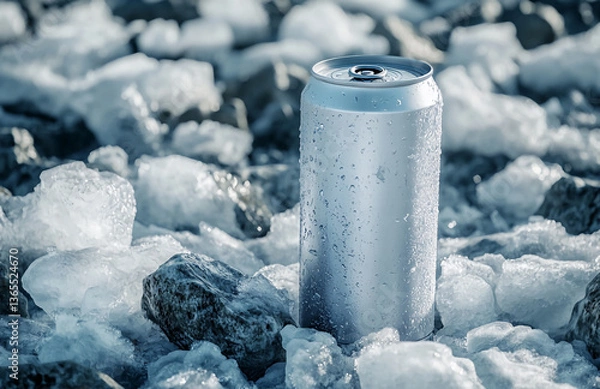 Fototapeta A silver can with water droplets surrounded by ice chunks in a cool toned outdoor setting scene