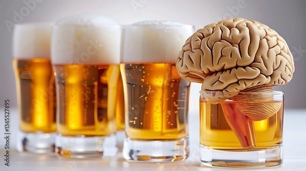 Fototapeta Brain in beer glass beside row of beer glasses bizarre sight at bar