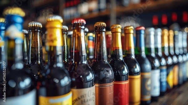 Fototapeta Row of glass bottles filled with yellow liquid, capped, ready for an event