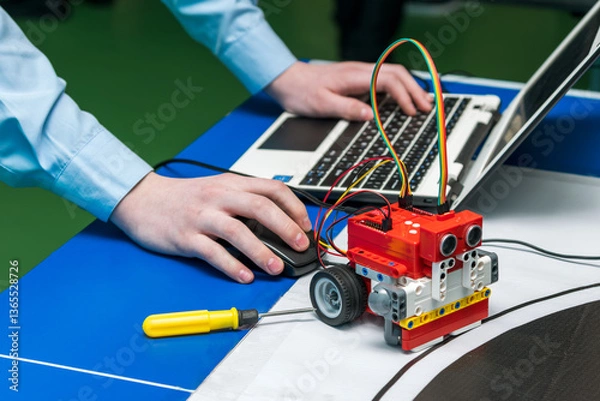 Obraz A student programs his robot using a netbook