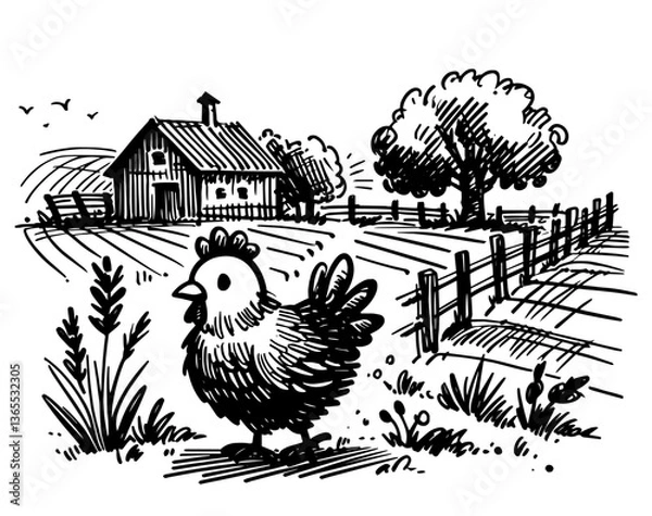 Fototapeta black and white vector of a hen walking near a barn and trees, rural farm scene illustration