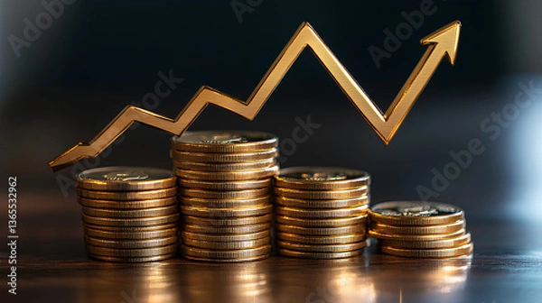 Fototapeta Financial Growth 3D Concept with Gold Coins, Up Arrow, and Wealth for Investment Success