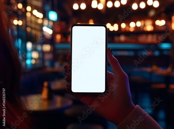 Obraz A hand holding a phone with a white blank screen mockup on a blurred background, close-up, mock-up for display presentation or advertising c 