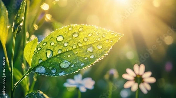 Obraz Vibrant green leaf with dewdrops amidst blooming wildflowers, symbolizing nature's resilience and beauty.
