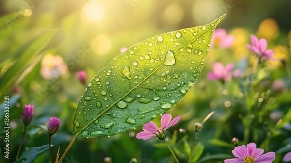 Obraz Vibrant green leaf with dewdrops amidst blooming wildflowers, symbolizing nature's resilience and beauty.
