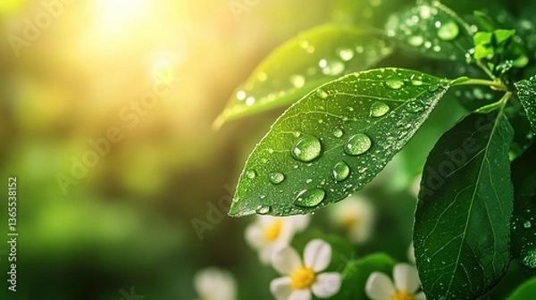 Obraz Vibrant green leaf with dewdrops amidst blooming wildflowers, symbolizing nature's resilience and beauty.
