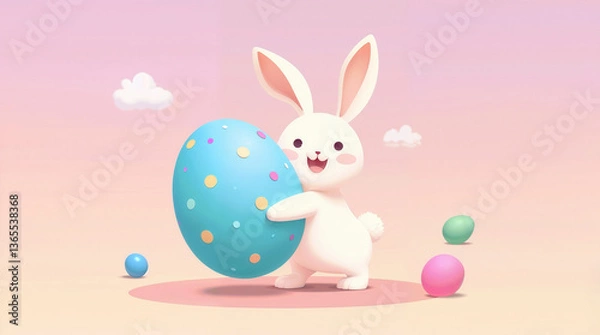 Fototapeta Cute Easter Bunny Holding a Colorful Egg in Pastel Scene