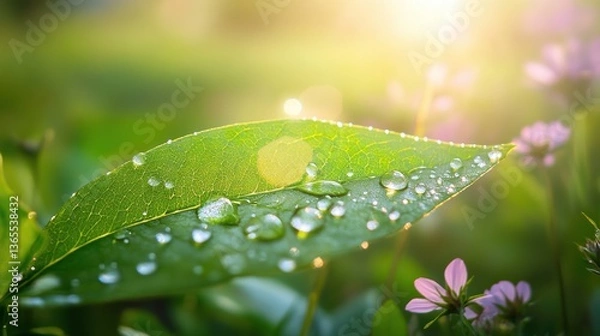 Obraz Vibrant green leaf with dewdrops amidst blooming wildflowers, symbolizing nature's resilience and beauty.
