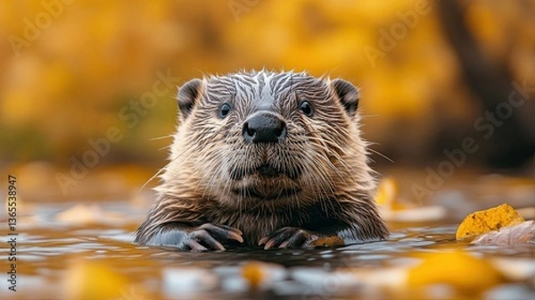 Obraz Curious Beaver Portrait in Autumn River, Close-Up in Colorful Nature Setting -