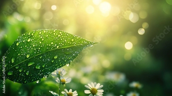 Obraz Vibrant green leaf with dewdrops amidst blooming wildflowers, symbolizing nature's resilience and beauty.
