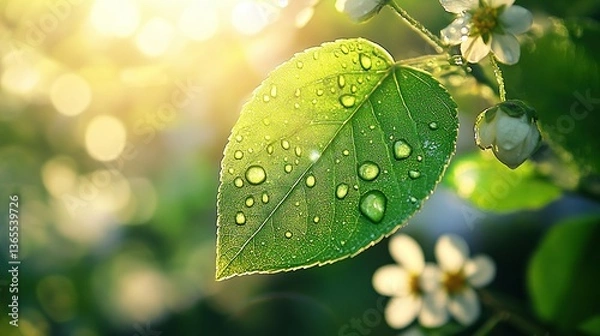 Obraz Vibrant green leaf with dewdrops amidst blooming wildflowers, symbolizing nature's resilience and beauty.
