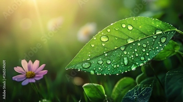 Obraz Vibrant green leaf with dewdrops amidst blooming wildflowers, symbolizing nature's resilience and beauty.
