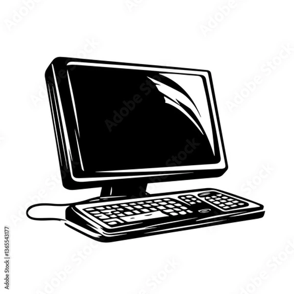 Obraz black vector of desktop computer with monitor and keyboard, tech office equipment