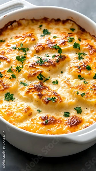 Obraz Creamy potato gratin, browned cheese topping, fresh parsley garnish in a white baking dish