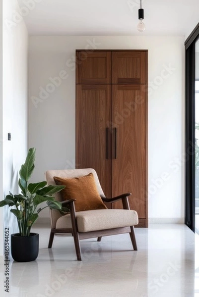 Fototapeta Modern apartment, lounge chair, wood cabinet, plant, minimalist decor, interior design
