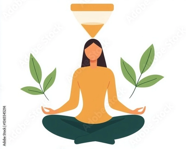 Fototapeta Self development successful concepts. A serene illustration of a woman meditating, surrounded by leaves, symbolizing mindfulness and tranquility.